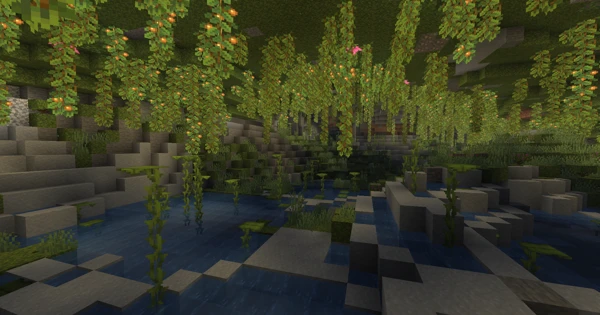 무성한 동굴 (Minecraft Wiki 게임 렌더)